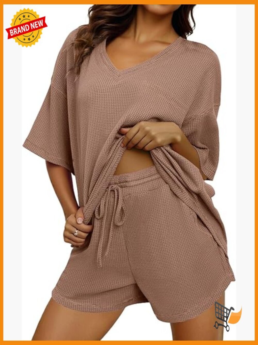 Women's 2 Piece Loungewear Sets Short Sleeve Top Drawstring Shorts Waffle Knit
